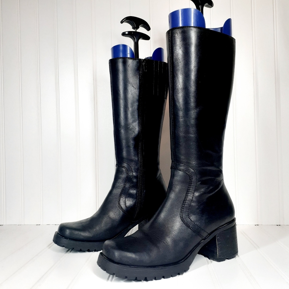 Bass Black Leather Bloc Heel Tall Boots